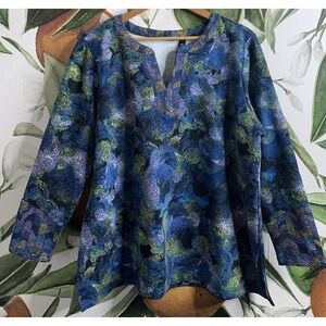 Susan Graver Weekend XLP Blue Printed Long Sleeve Y Neck Blouse